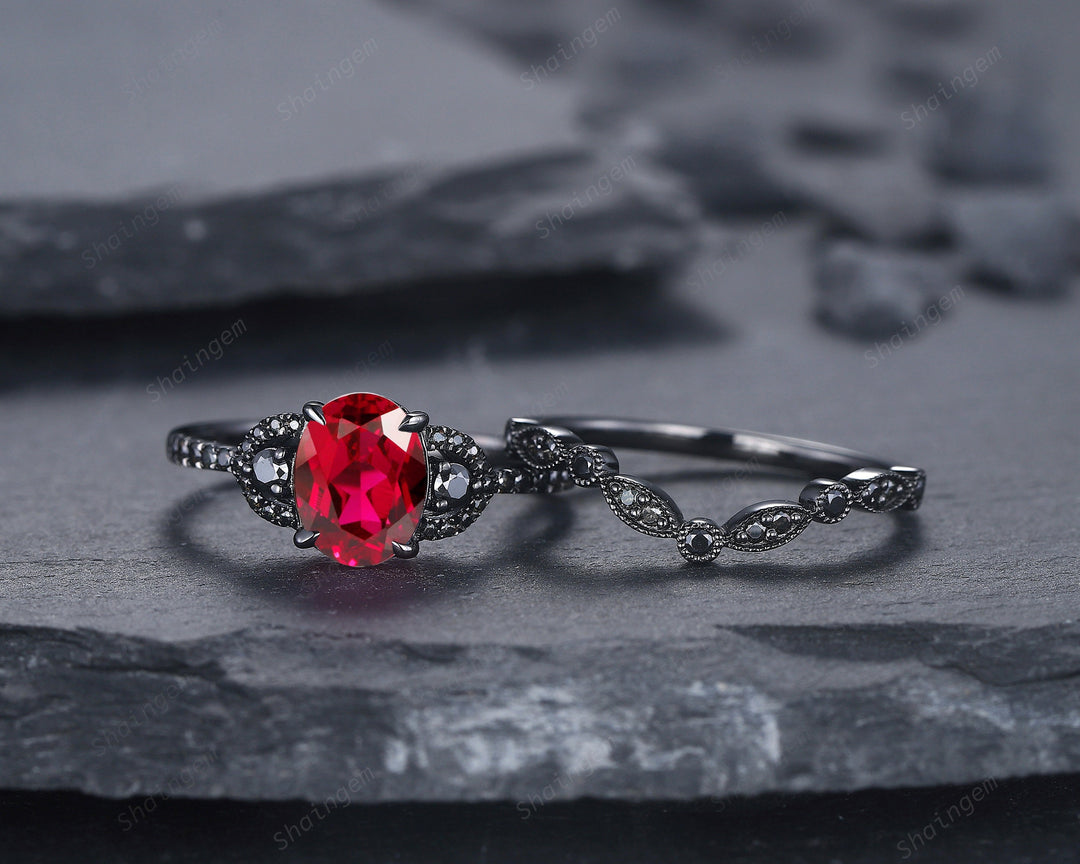 Gothic Black Oval Ruby Engagement Ring Set, Black Gold Finish Ruby Promise Ring Set Vintage Rhodium Black Moissanite Bridal Set Gift for Her - ShainJewelry