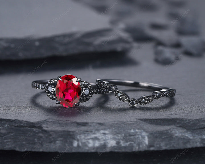 Gothic Black Oval Ruby Engagement Ring Set, Black Gold Finish Ruby Promise Ring Set Vintage Rhodium Black Moissanite Bridal Set Gift for Her - ShainJewelry