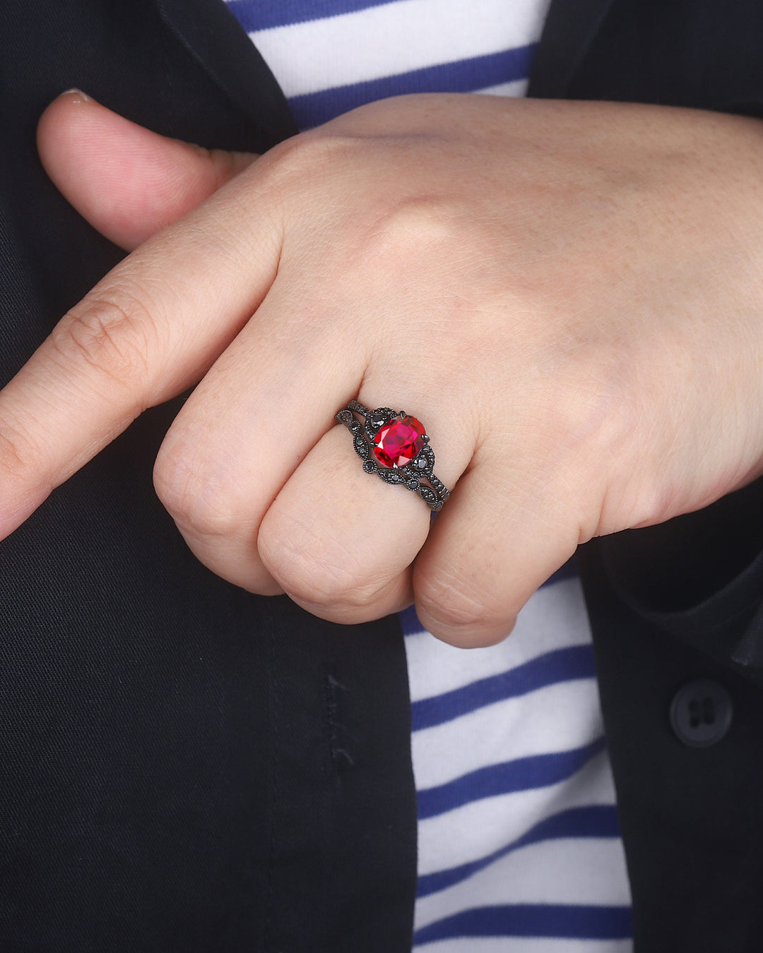 Gothic Black Oval Ruby Engagement Ring Set, Black Gold Finish Ruby Promise Ring Set Vintage Rhodium Black Moissanite Bridal Set Gift for Her - ShainJewelry