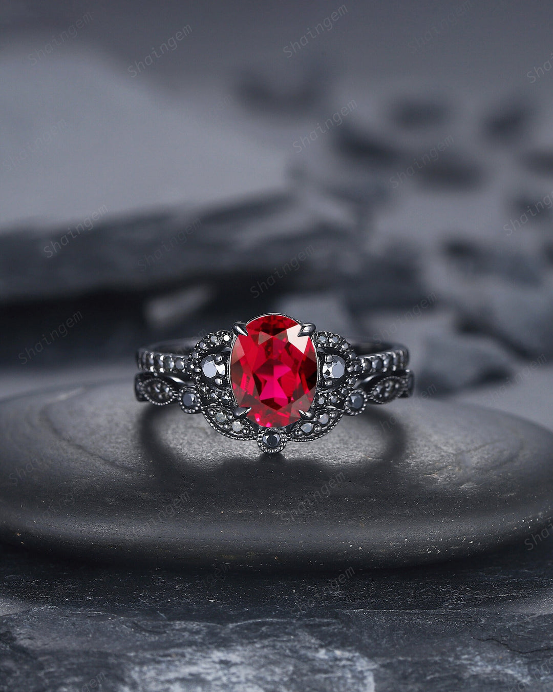 Gothic Black Oval Ruby Engagement Ring Set, Black Gold Finish Ruby Promise Ring Set Vintage Rhodium Black Moissanite Bridal Set Gift for Her - ShainJewelry