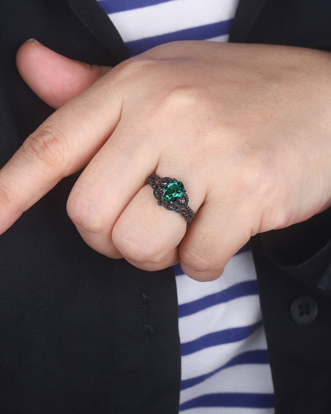 Gothic Oval Cut Emerald Engagement Ring Set, Black Gold Plated Emerald Promise Ring, Rhodium Black Anniversary Ring, Black Wedding Ring Gift - ShainJewelry