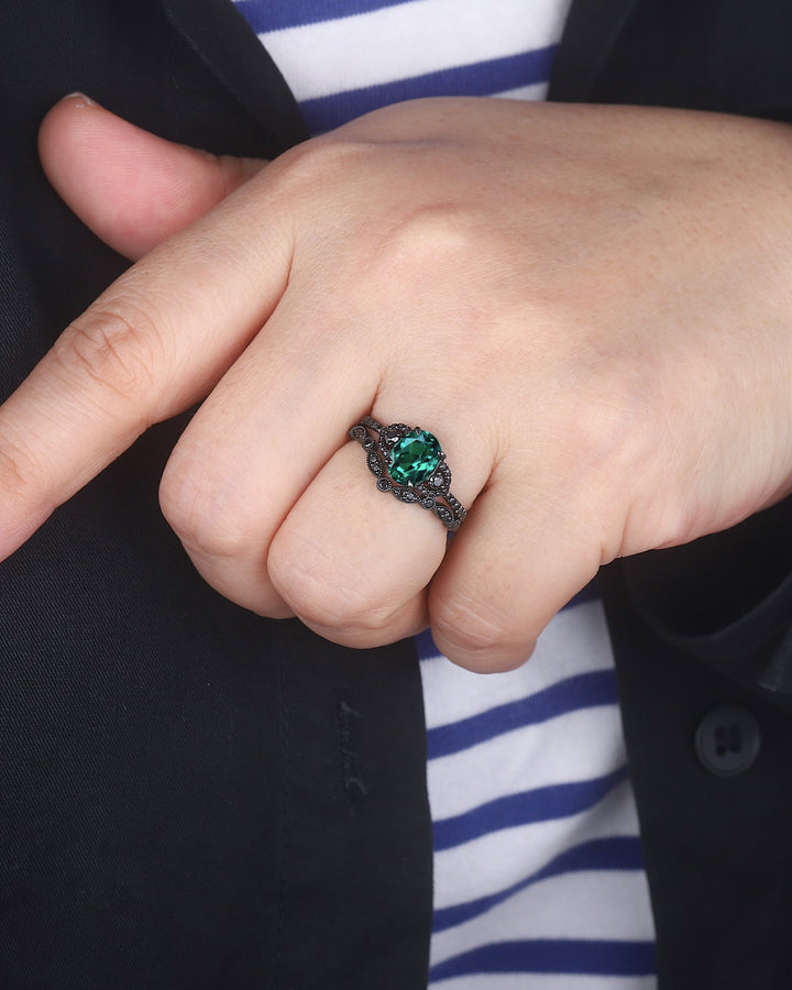 Gothic Oval Cut Emerald Engagement Ring Set, Black Gold Plated Emerald Promise Ring, Rhodium Black Anniversary Ring, Black Wedding Ring Gift - ShainJewelry