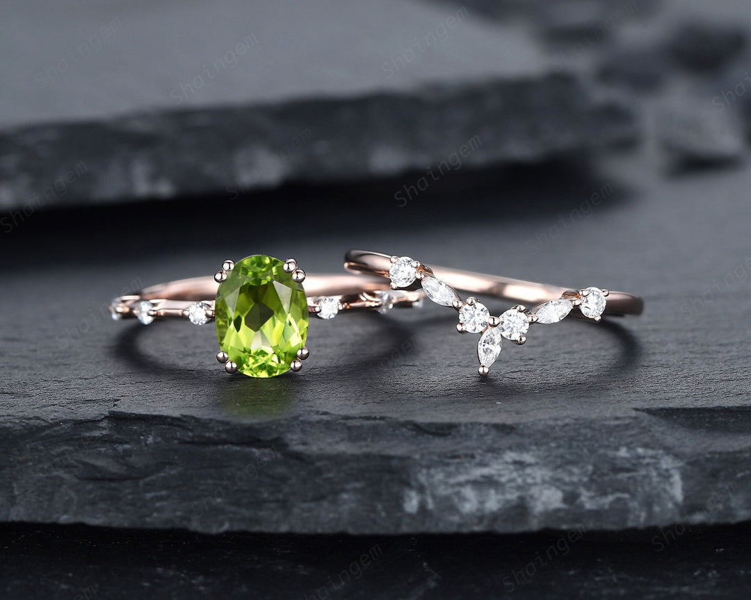Vintage Oval Cut Peridot Engagement Ring Set, Unique Peridot Promise Ring, 14K Rose Gold Hidden Halo Bridal Set, Peridot Wedding Ring Gift - ShainJewelry