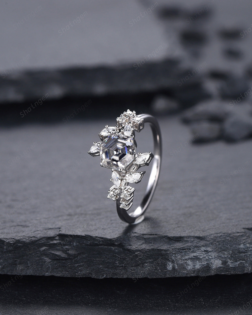 Vintage Hexagon Gray Moissanite and Diamond Engagement Ring, 18K White Gold Grey Moissanite Leaf Promise Ring, Twig Branch Wedding Ring Gift - ShainJewelry