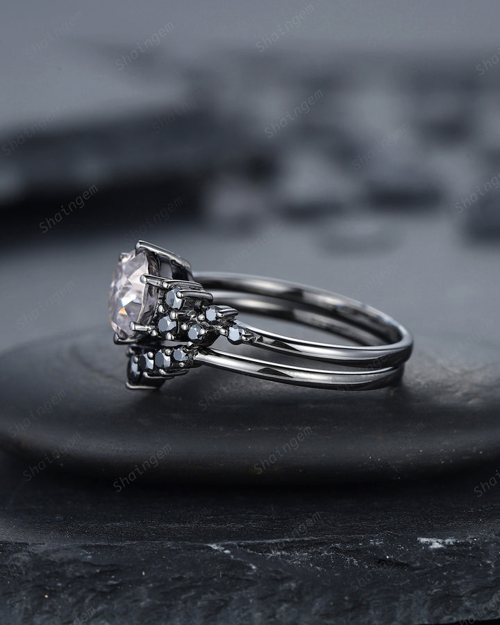 Gothic Round Gray Moissanite Engagement Ring Set, Black Gold Grey Moissaite Promise Ring, Rhodium Black Bridal Set, Black Wedding Ring Gift - ShainJewelry