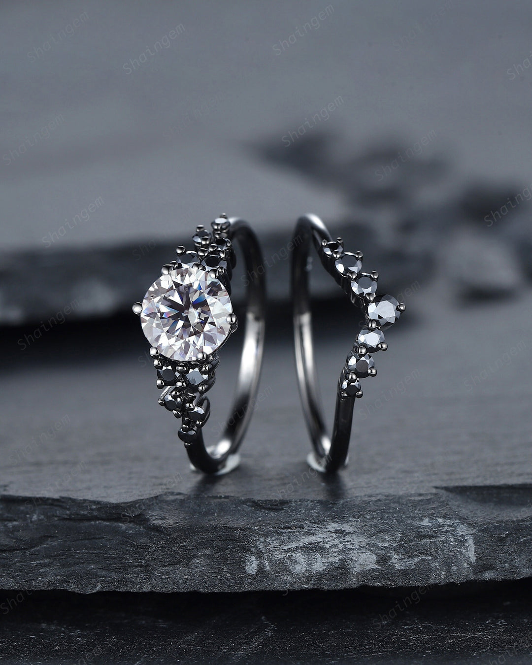 Gothic Round Gray Moissanite Engagement Ring Set, Black Gold Grey Moissaite Promise Ring, Rhodium Black Bridal Set, Black Wedding Ring Gift - ShainJewelry