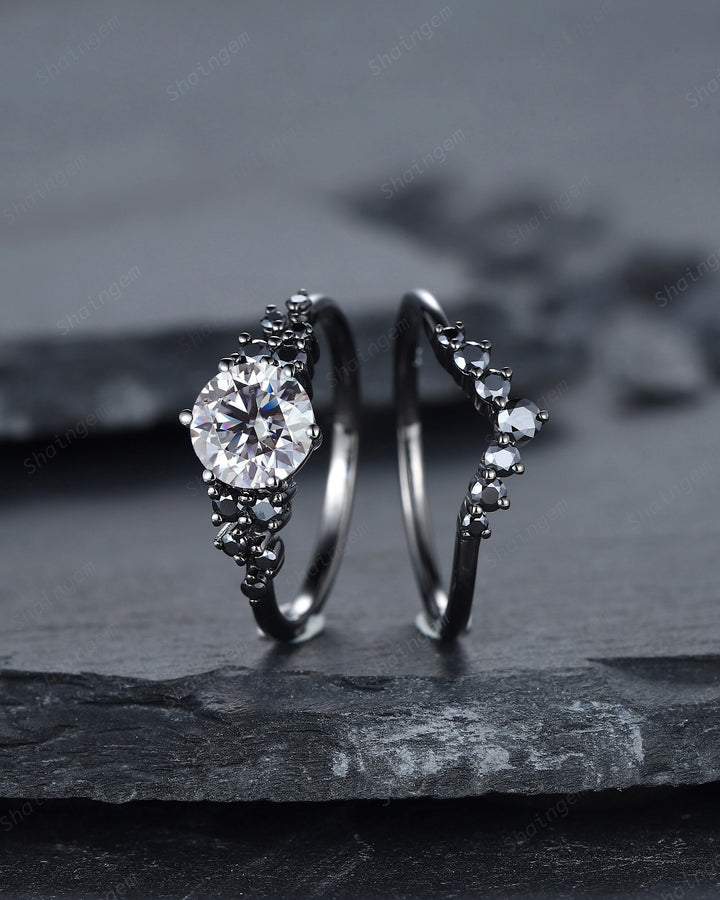 Gothic Round Gray Moissanite Engagement Ring Set, Black Gold Grey Moissaite Promise Ring, Rhodium Black Bridal Set, Black Wedding Ring Gift - ShainJewelry