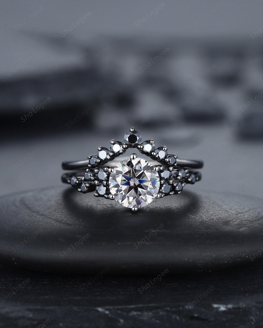 Gothic Round Gray Moissanite Engagement Ring Set, Black Gold Grey Moissaite Promise Ring, Rhodium Black Bridal Set, Black Wedding Ring Gift - ShainJewelry