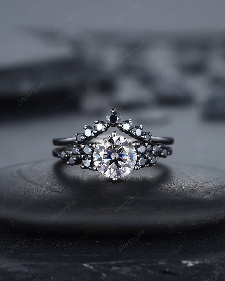 Gothic Round Gray Moissanite Engagement Ring Set, Black Gold Grey Moissaite Promise Ring, Rhodium Black Bridal Set, Black Wedding Ring Gift - ShainJewelry