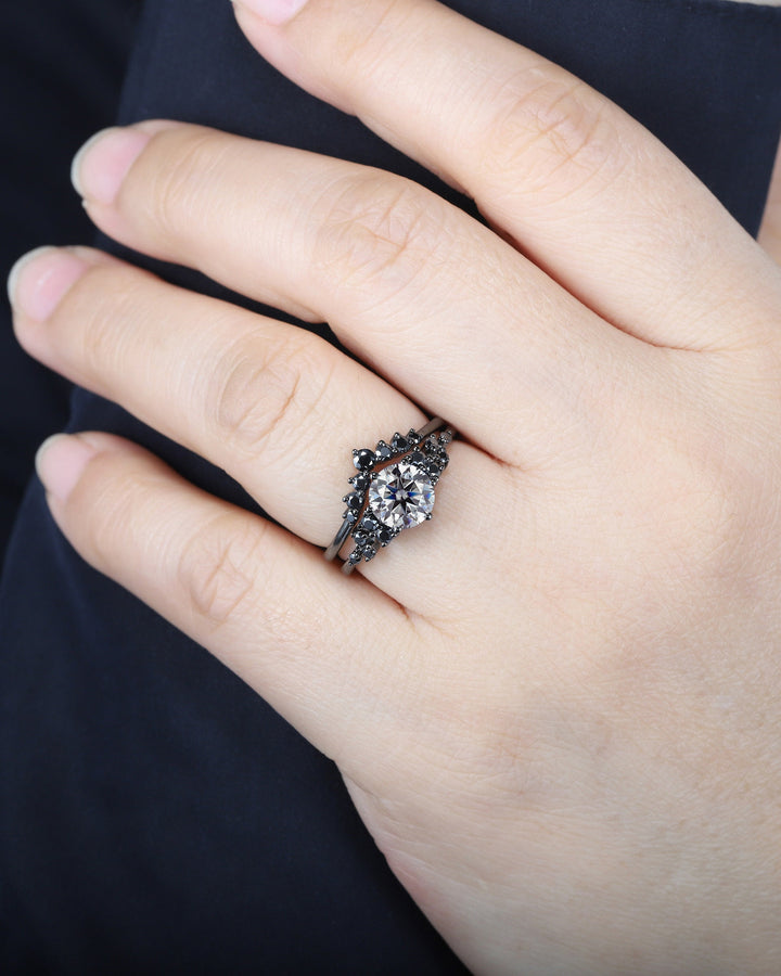 Gothic Round Gray Moissanite Engagement Ring Set, Black Gold Grey Moissaite Promise Ring, Rhodium Black Bridal Set, Black Wedding Ring Gift - ShainJewelry