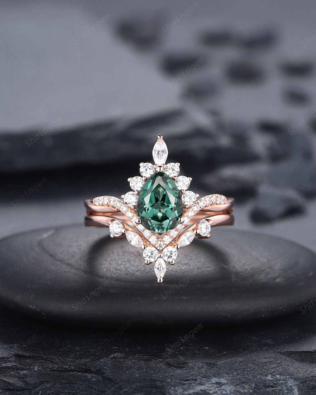 Vintage Pear Cut Teal Sapphire Halo Engagement Ring Set, Unique 14K Rose Gold Greenish Sapphire Chevron Bridal Set, Promise Wedding Ring Set - ShainJewelry