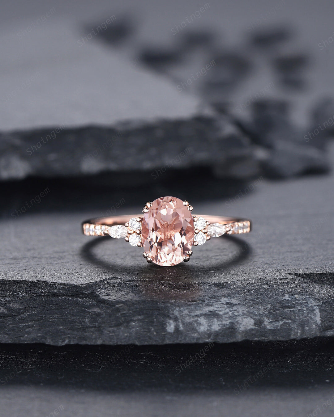 Vintage Oval Pink Morganite Engagement Ring Set, 14K Rose Gold Morganite Wedding Set, Cluster Marquise Moissanite Bridal Set Promise Ring - ShainJewelry