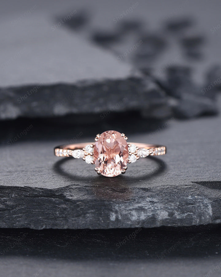Vintage Oval Pink Morganite Engagement Ring Set, 14K Rose Gold Morganite Wedding Set, Cluster Marquise Moissanite Bridal Set Promise Ring - ShainJewelry