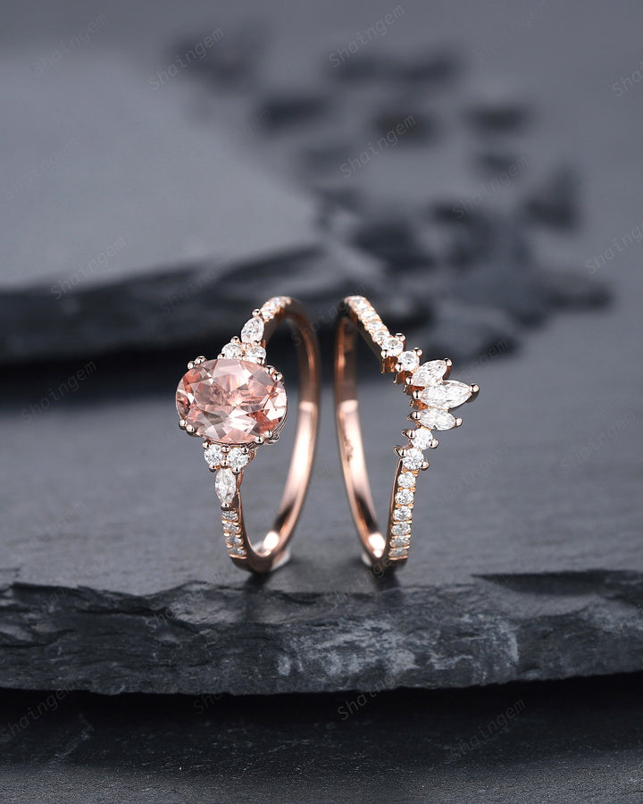Vintage Oval Pink Morganite Engagement Ring Set, 14K Rose Gold Morganite Wedding Set, Cluster Marquise Moissanite Bridal Set Promise Ring - ShainJewelry