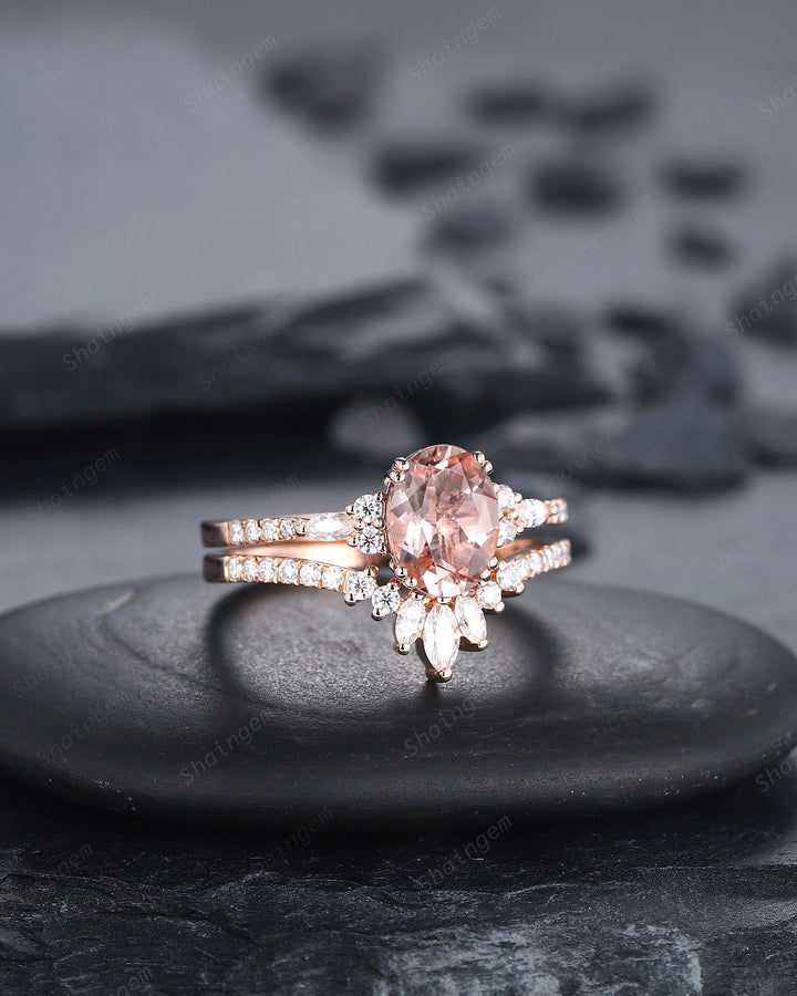 Vintage Oval Pink Morganite Engagement Ring Set, 14K Rose Gold Morganite Wedding Set, Cluster Marquise Moissanite Bridal Set Promise Ring - ShainJewelry