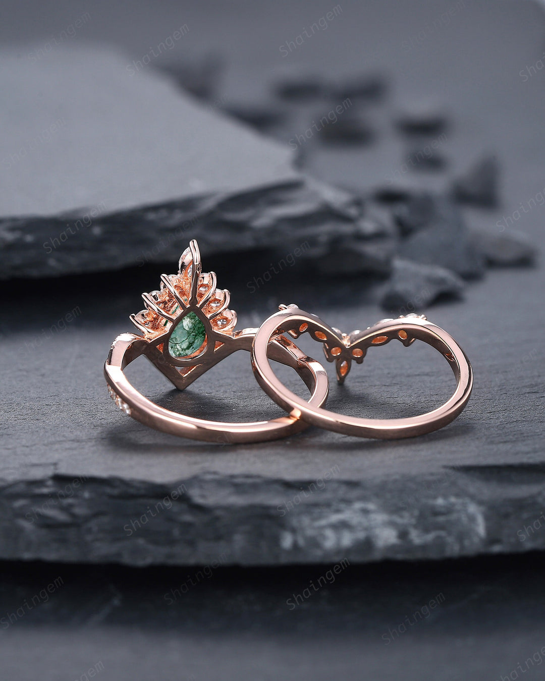 Vintage Moss Agate Halo Wedding Ring Set, Pear Cut Agate 14K Rose Gold Engagement Ring , Unique Mossy Agate Bridal Set Promise Ring for Her - ShainJewelry