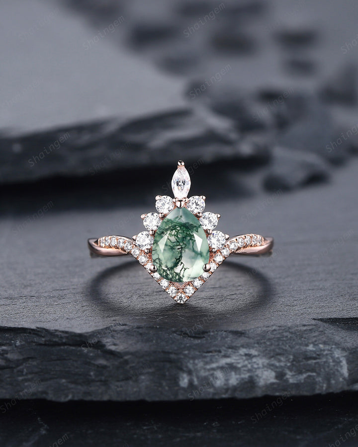 Vintage Moss Agate Halo Wedding Ring Set, Pear Cut Agate 14K Rose Gold Engagement Ring , Unique Mossy Agate Bridal Set Promise Ring for Her - ShainJewelry