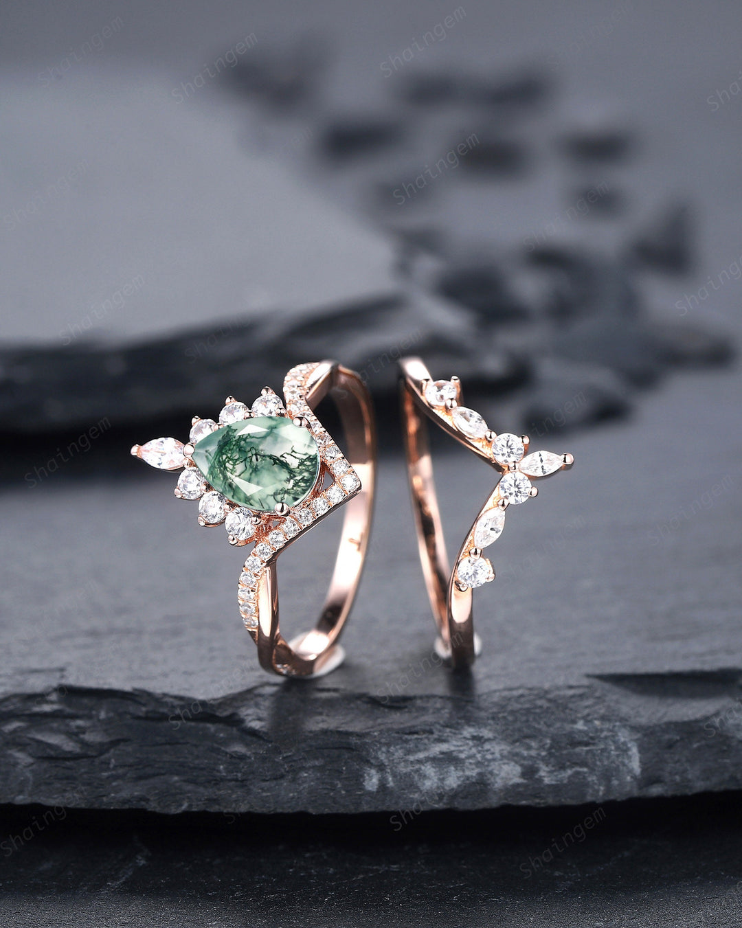 Vintage Moss Agate Halo Wedding Ring Set, Pear Cut Agate 14K Rose Gold Engagement Ring , Unique Mossy Agate Bridal Set Promise Ring for Her - ShainJewelry