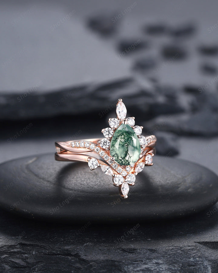 Vintage Moss Agate Halo Wedding Ring Set, Pear Cut Agate 14K Rose Gold Engagement Ring , Unique Mossy Agate Bridal Set Promise Ring for Her - ShainJewelry