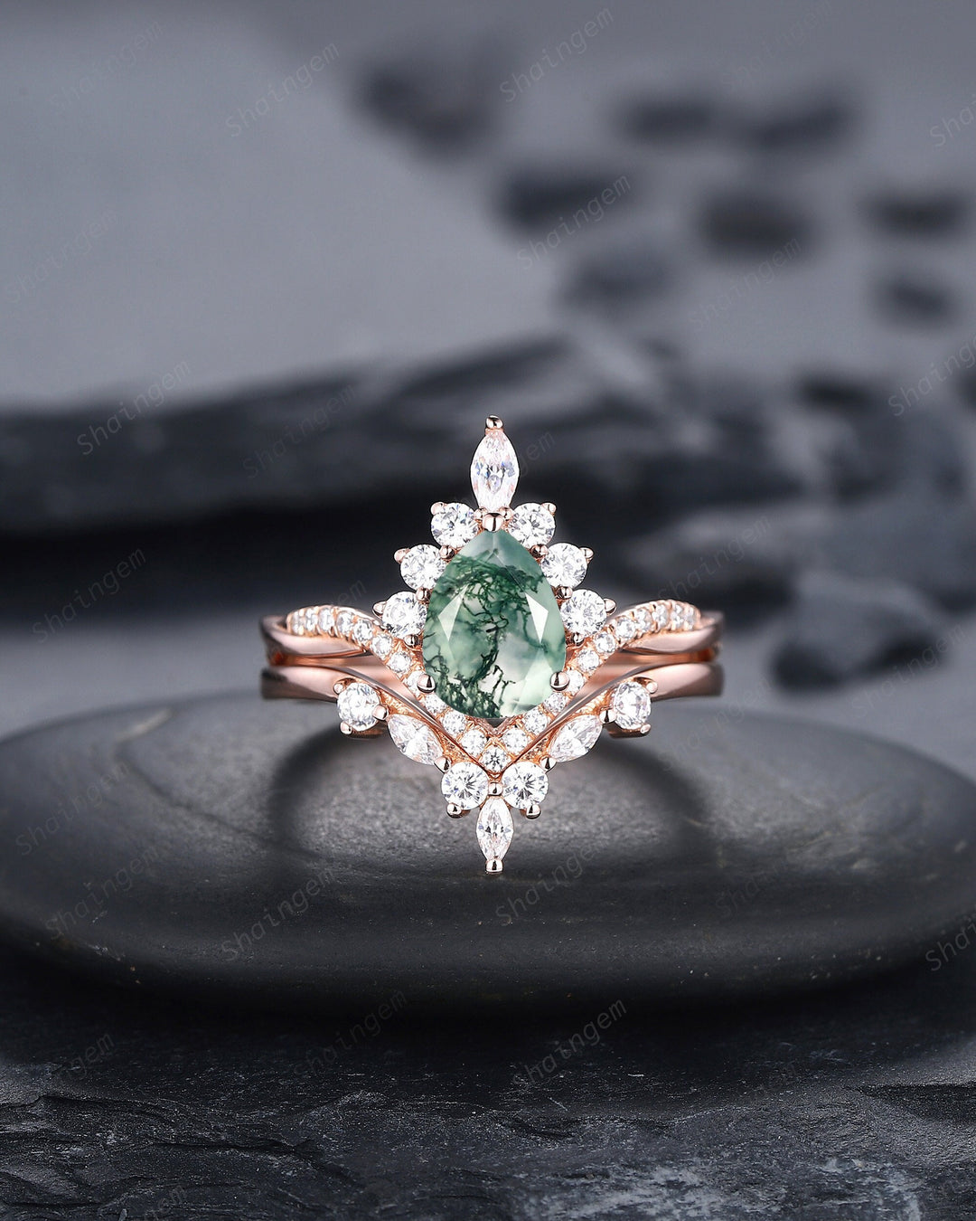 Vintage Moss Agate Halo Wedding Ring Set, Pear Cut Agate 14K Rose Gold Engagement Ring , Unique Mossy Agate Bridal Set Promise Ring for Her - ShainJewelry