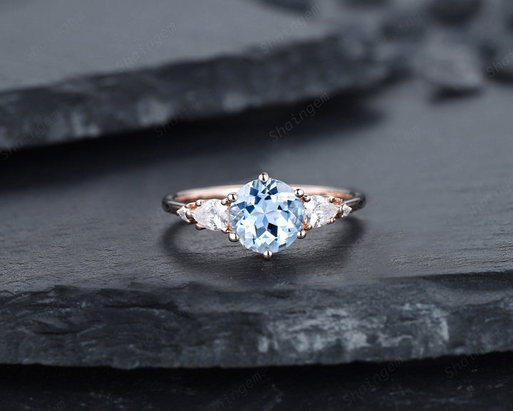 Vintage Round Aquamarine Engagement Ring Set, Unique 14K Rose Gold Aquamarine Promise Ring, March Birthstone Bridal Set Anniversary Ring - ShainJewelry