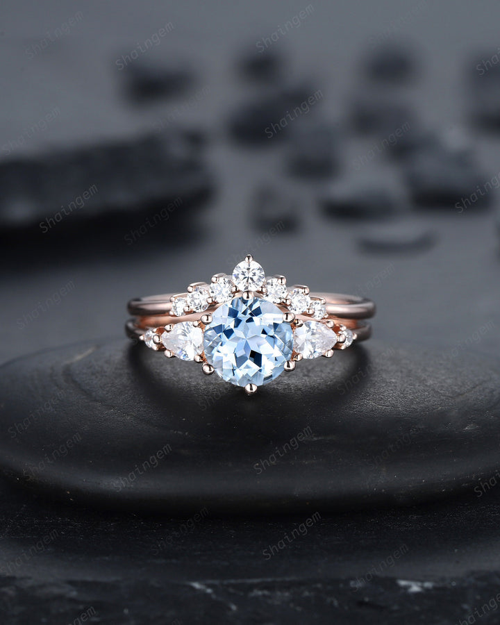 Vintage Round Aquamarine Engagement Ring Set, Unique 14K Rose Gold Aquamarine Promise Ring, March Birthstone Bridal Set Anniversary Ring - ShainJewelry