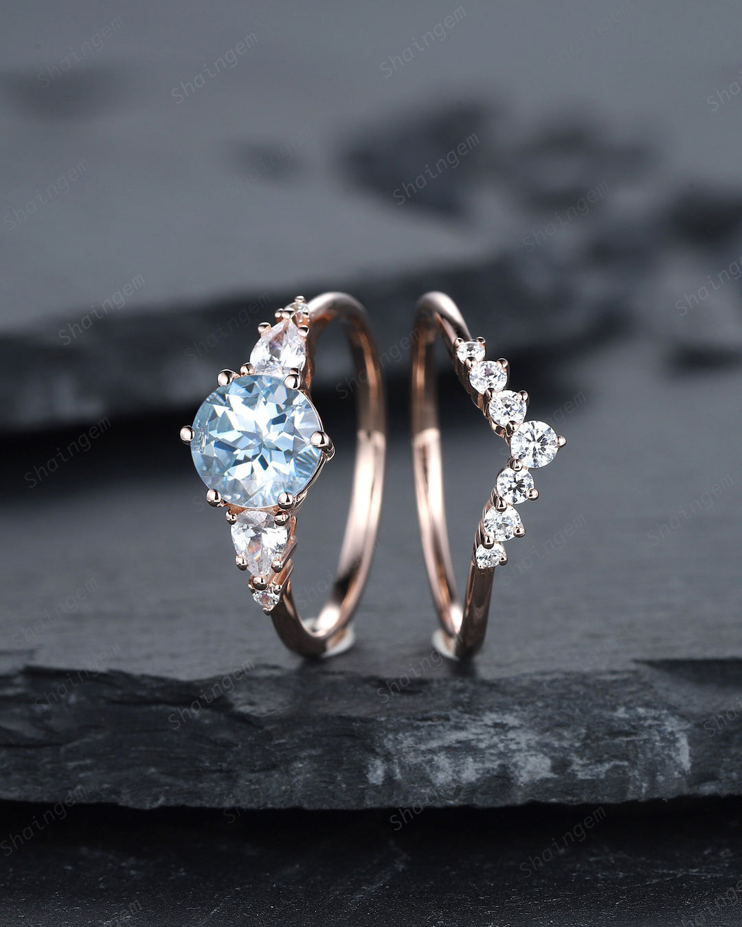 Vintage Round Aquamarine Engagement Ring Set, Unique 14K Rose Gold Aquamarine Promise Ring, March Birthstone Bridal Set Anniversary Ring - ShainJewelry