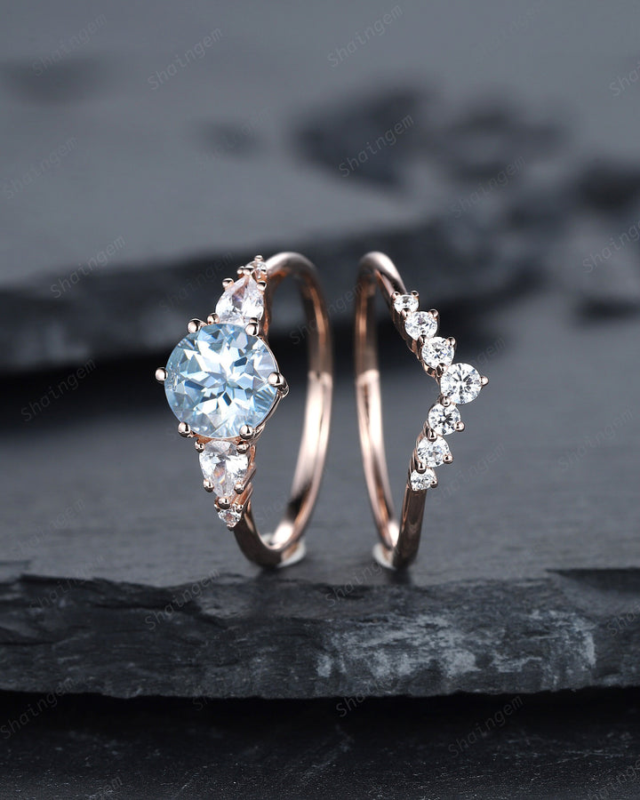 Vintage Round Aquamarine Engagement Ring Set, Unique 14K Rose Gold Aquamarine Promise Ring, March Birthstone Bridal Set Anniversary Ring - ShainJewelry