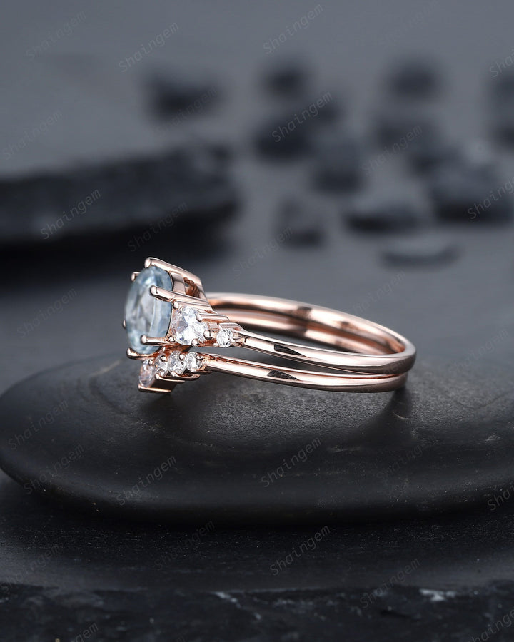 Vintage Round Aquamarine Engagement Ring Set, Unique 14K Rose Gold Aquamarine Promise Ring, March Birthstone Bridal Set Anniversary Ring - ShainJewelry