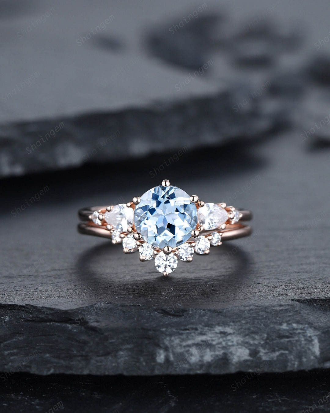 Vintage Round Aquamarine Engagement Ring Set, Unique 14K Rose Gold Aquamarine Promise Ring, March Birthstone Bridal Set Anniversary Ring - ShainJewelry