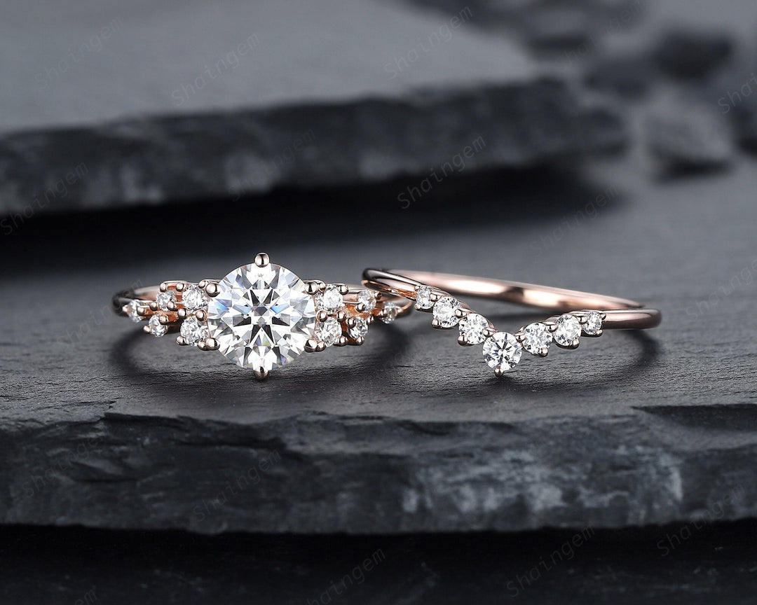 Vintage Round Cut Moissanite Engagement Ring Set, Moissanite Wedding Ring Set, 14K Rose Gold Cluster Moissanite Promise Anniversary Ring - ShainJewelry