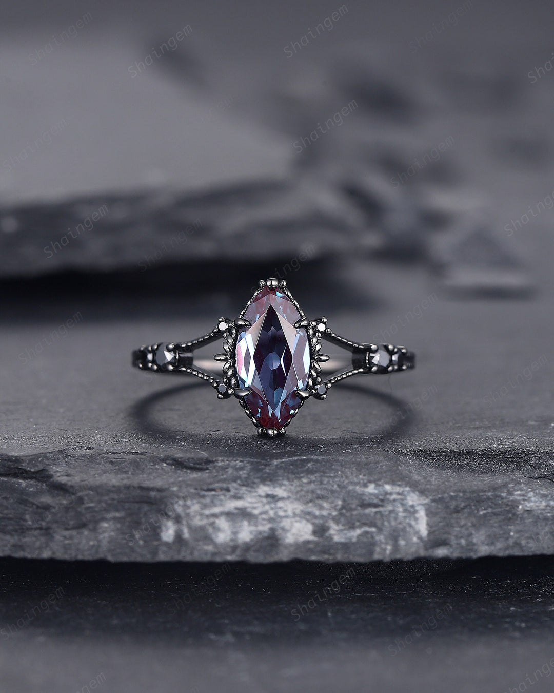 Gothic Black Gold Marquise Alexandrite Engagement Ring, Rhodium Black Alexandrite Promise Ring, Witchy Black Promise Anniversary Ring Gift - ShainJewelry
