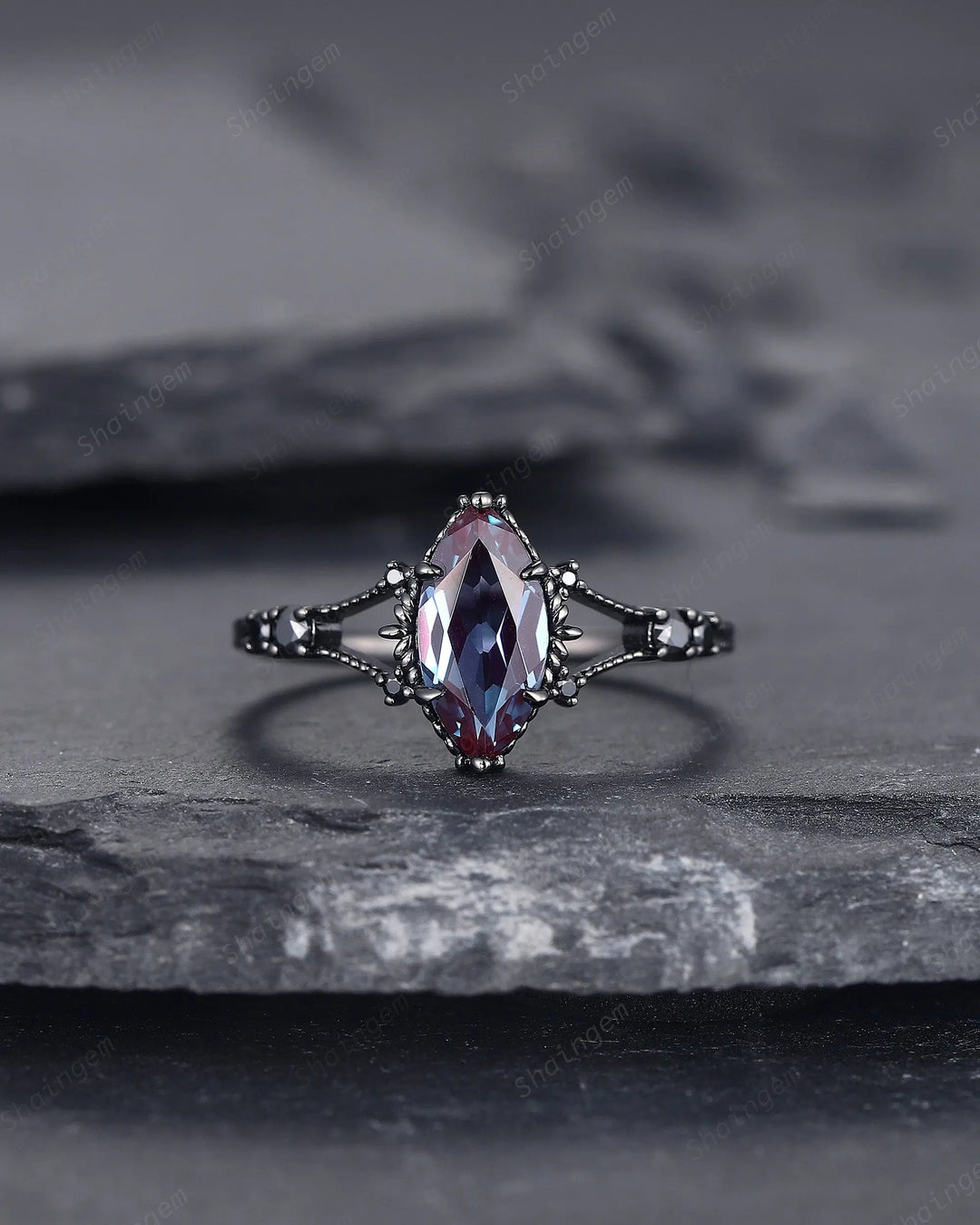 Gothic Marquise Cut Alexandrite Engagement Ring, Rhodium Black Promise Ring, Black Gold Promise Anniversary Ring Gift, Dark Split Shank Ring - ShainJewelry