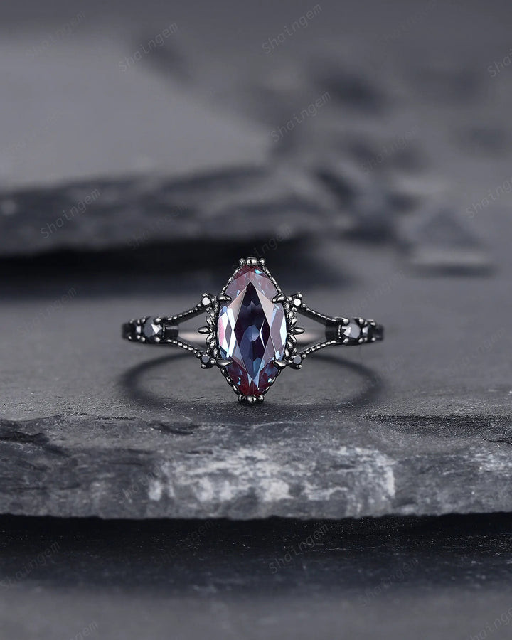Gothic Marquise Cut Alexandrite Engagement Ring, Rhodium Black Promise Ring, Black Gold Promise Anniversary Ring Gift, Dark Split Shank Ring - ShainJewelry