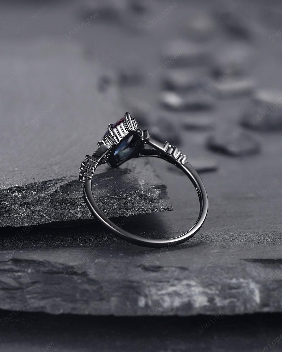 Gothic Black Gold Marquise Alexandrite Engagement Ring, Rhodium Black Alexandrite Promise Ring, Witchy Black Promise Anniversary Ring Gift - ShainJewelry
