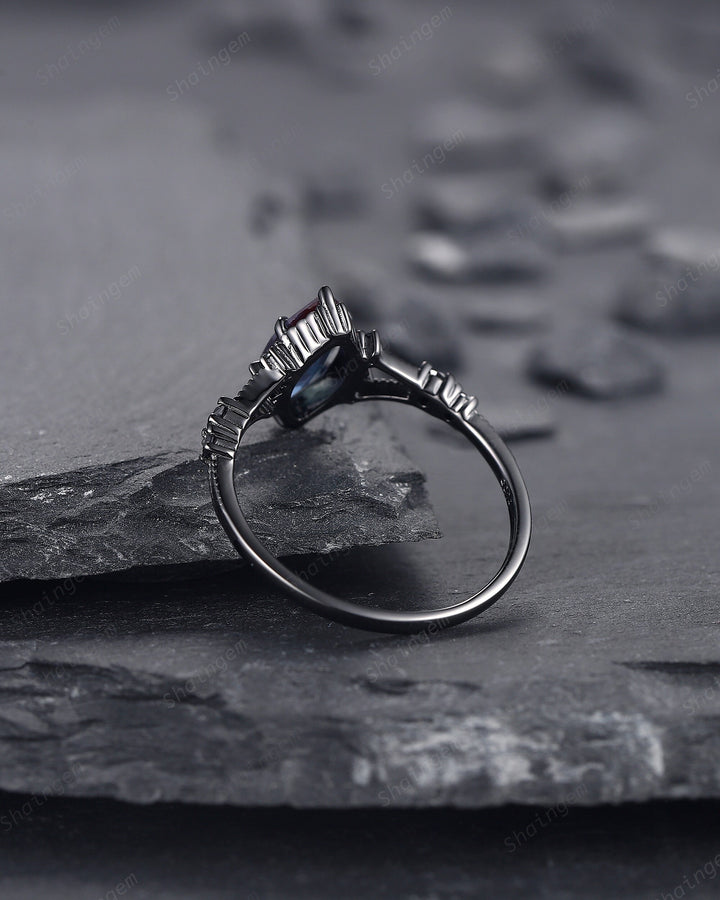 Gothic Black Gold Marquise Alexandrite Engagement Ring, Rhodium Black Alexandrite Promise Ring, Witchy Black Promise Anniversary Ring Gift - ShainJewelry