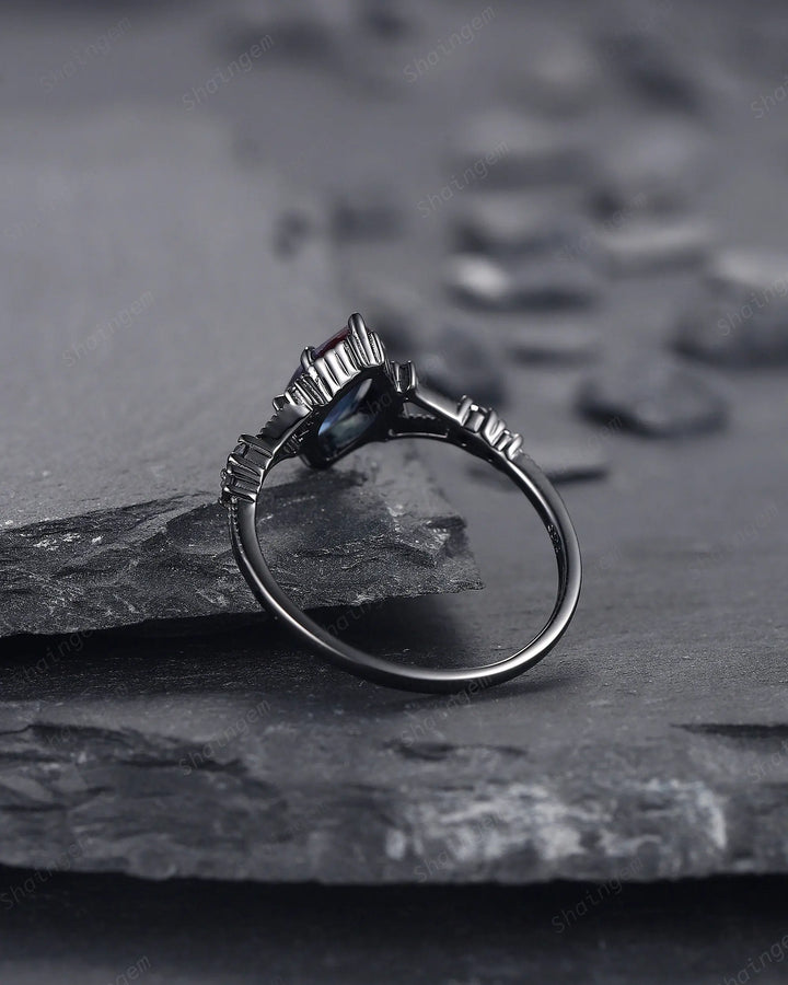 Gothic Marquise Cut Alexandrite Engagement Ring, Rhodium Black Promise Ring, Black Gold Promise Anniversary Ring Gift, Dark Split Shank Ring - ShainJewelry
