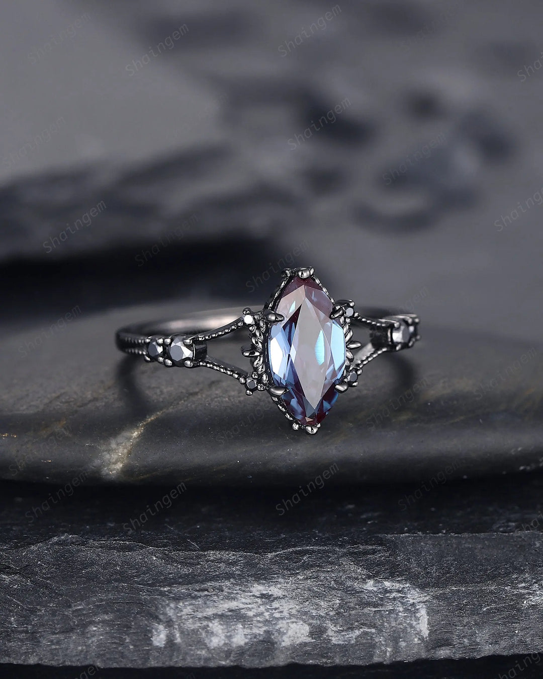 Gothic Marquise Cut Alexandrite Engagement Ring, Rhodium Black Promise Ring, Black Gold Promise Anniversary Ring Gift, Dark Split Shank Ring - ShainJewelry