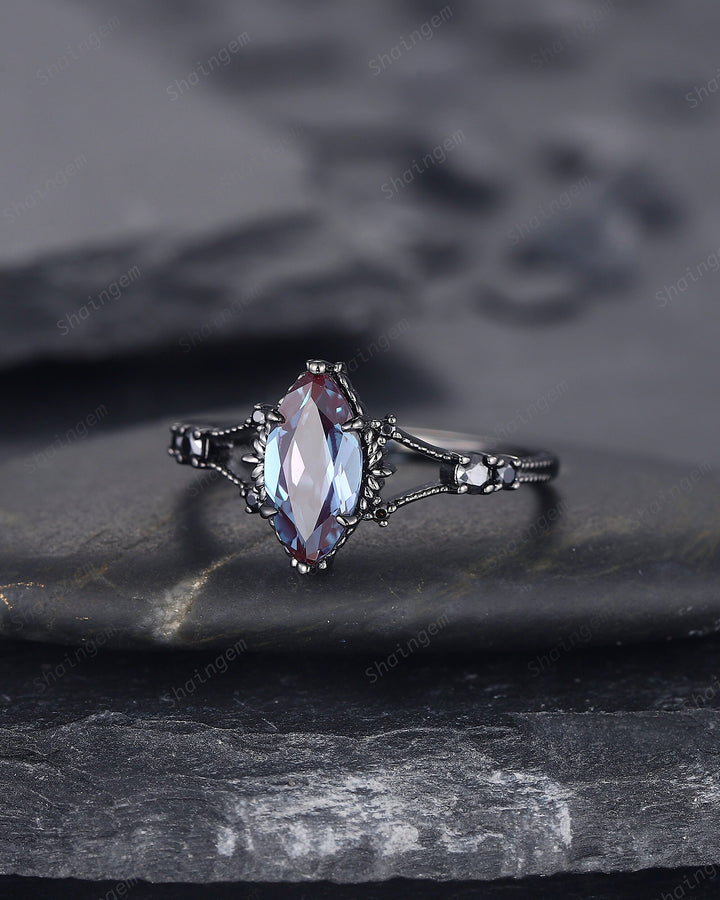 Gothic Black Gold Marquise Alexandrite Engagement Ring, Rhodium Black Alexandrite Promise Ring, Witchy Black Promise Anniversary Ring Gift - ShainJewelry