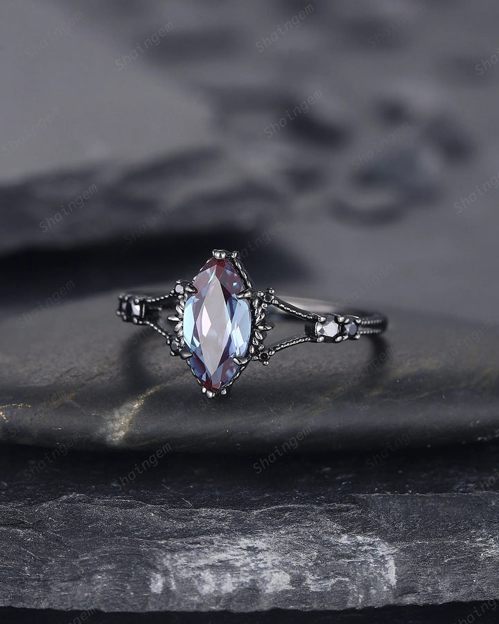 Gothic Marquise Cut Alexandrite Engagement Ring, Rhodium Black Promise Ring, Black Gold Promise Anniversary Ring Gift, Dark Split Shank Ring - ShainJewelry