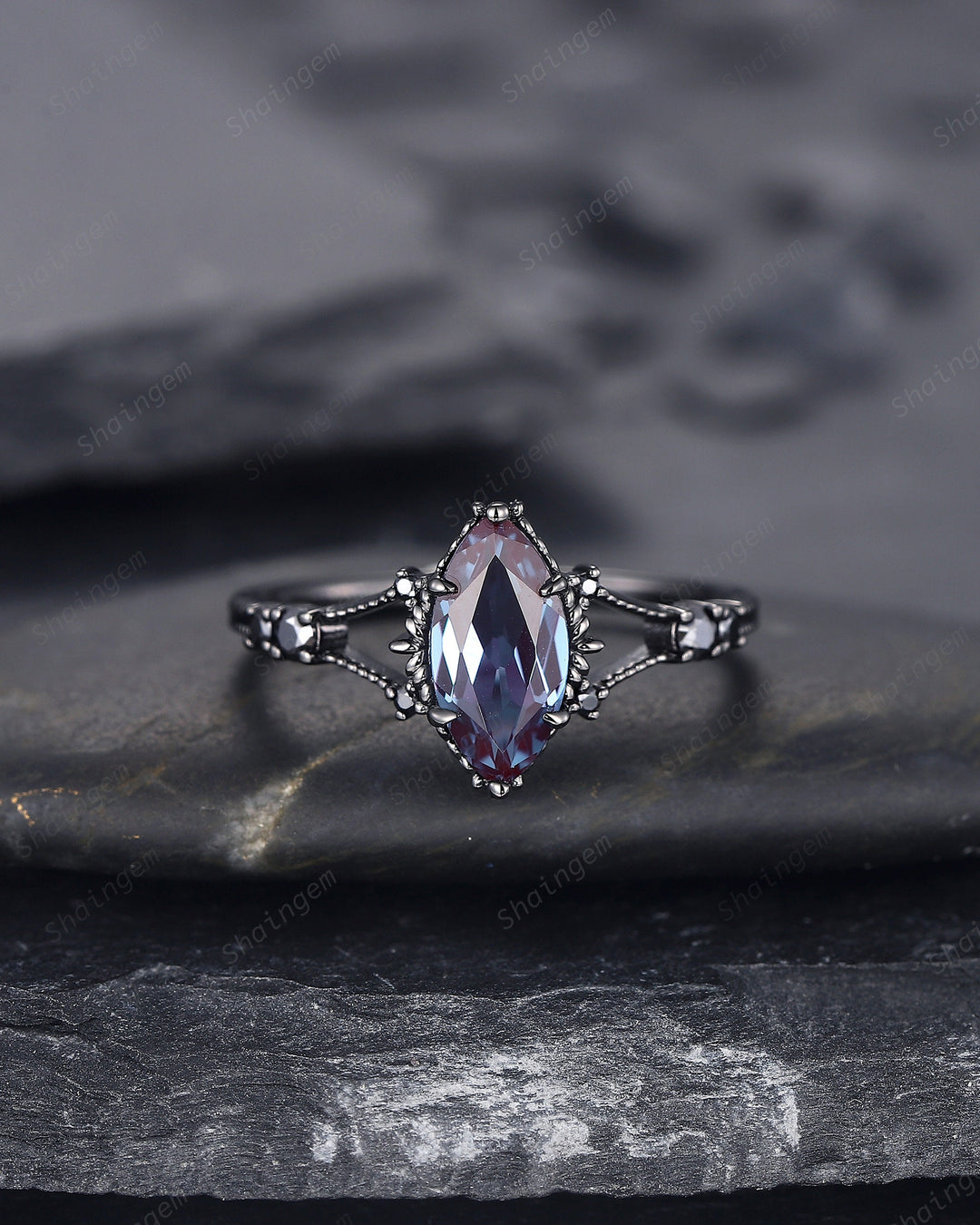 Gothic Black Gold Marquise Alexandrite Engagement Ring, Rhodium Black Alexandrite Promise Ring, Witchy Black Promise Anniversary Ring Gift - ShainJewelry