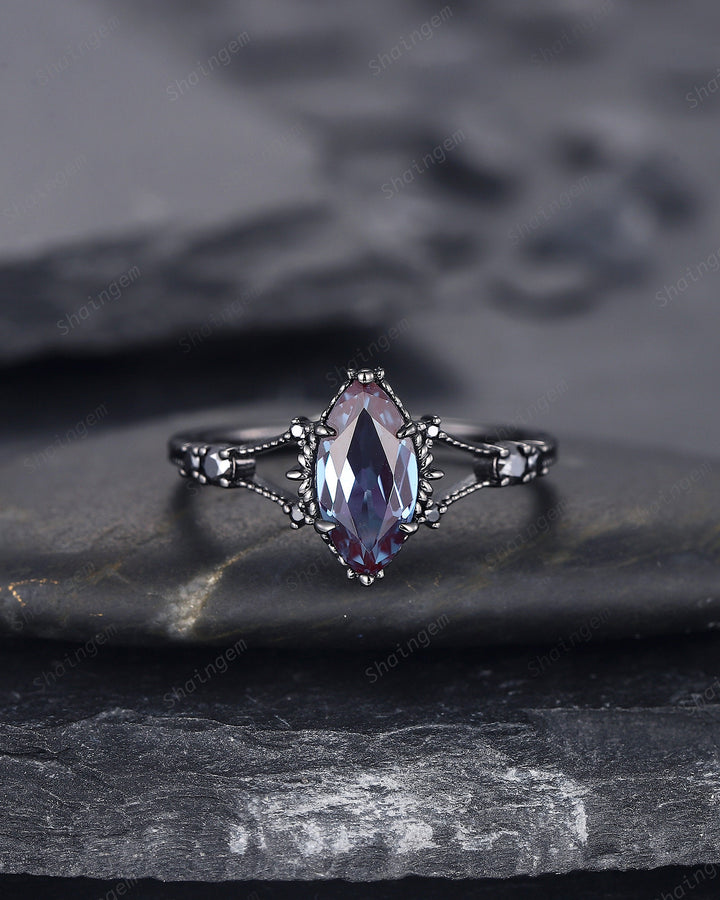 Gothic Black Gold Marquise Alexandrite Engagement Ring, Rhodium Black Alexandrite Promise Ring, Witchy Black Promise Anniversary Ring Gift - ShainJewelry