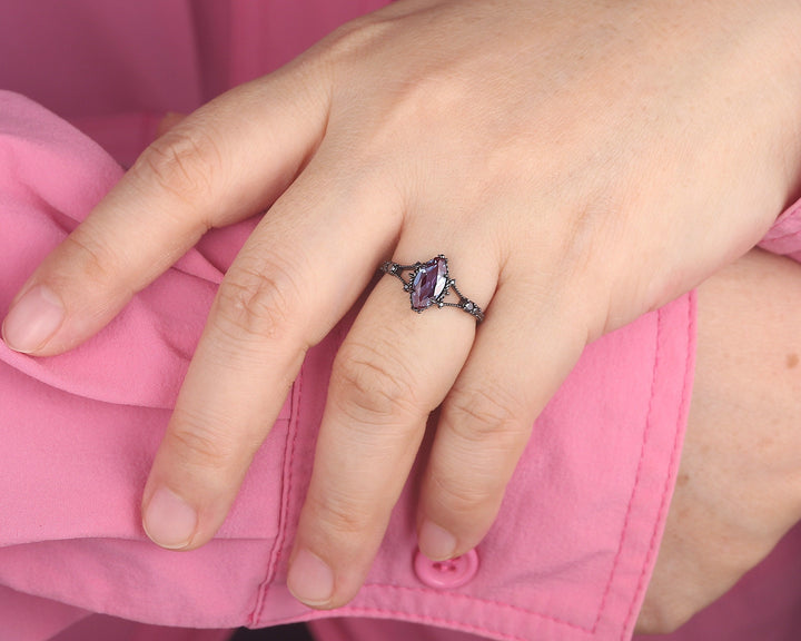 Gothic Black Gold Marquise Alexandrite Engagement Ring, Rhodium Black Alexandrite Promise Ring, Witchy Black Promise Anniversary Ring Gift - ShainJewelry
