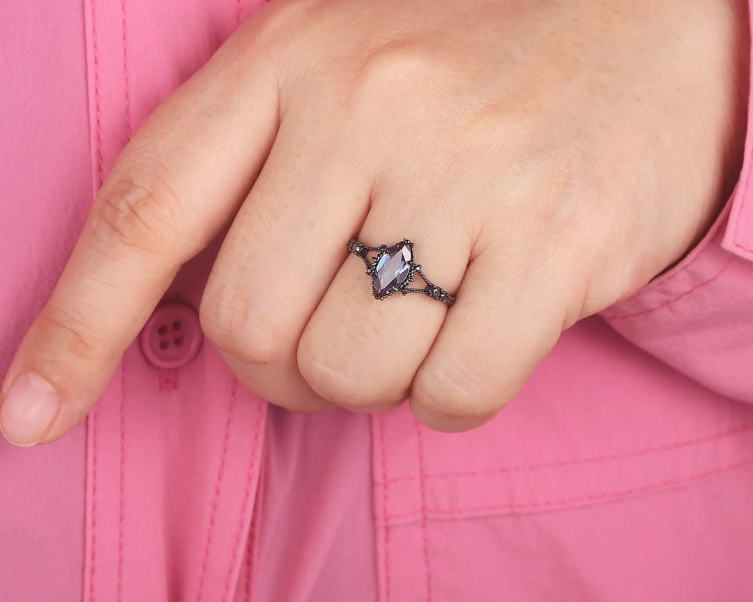 Gothic Marquise Cut Alexandrite Engagement Ring, Rhodium Black Promise Ring, Black Gold Promise Anniversary Ring Gift, Dark Split Shank Ring - ShainJewelry