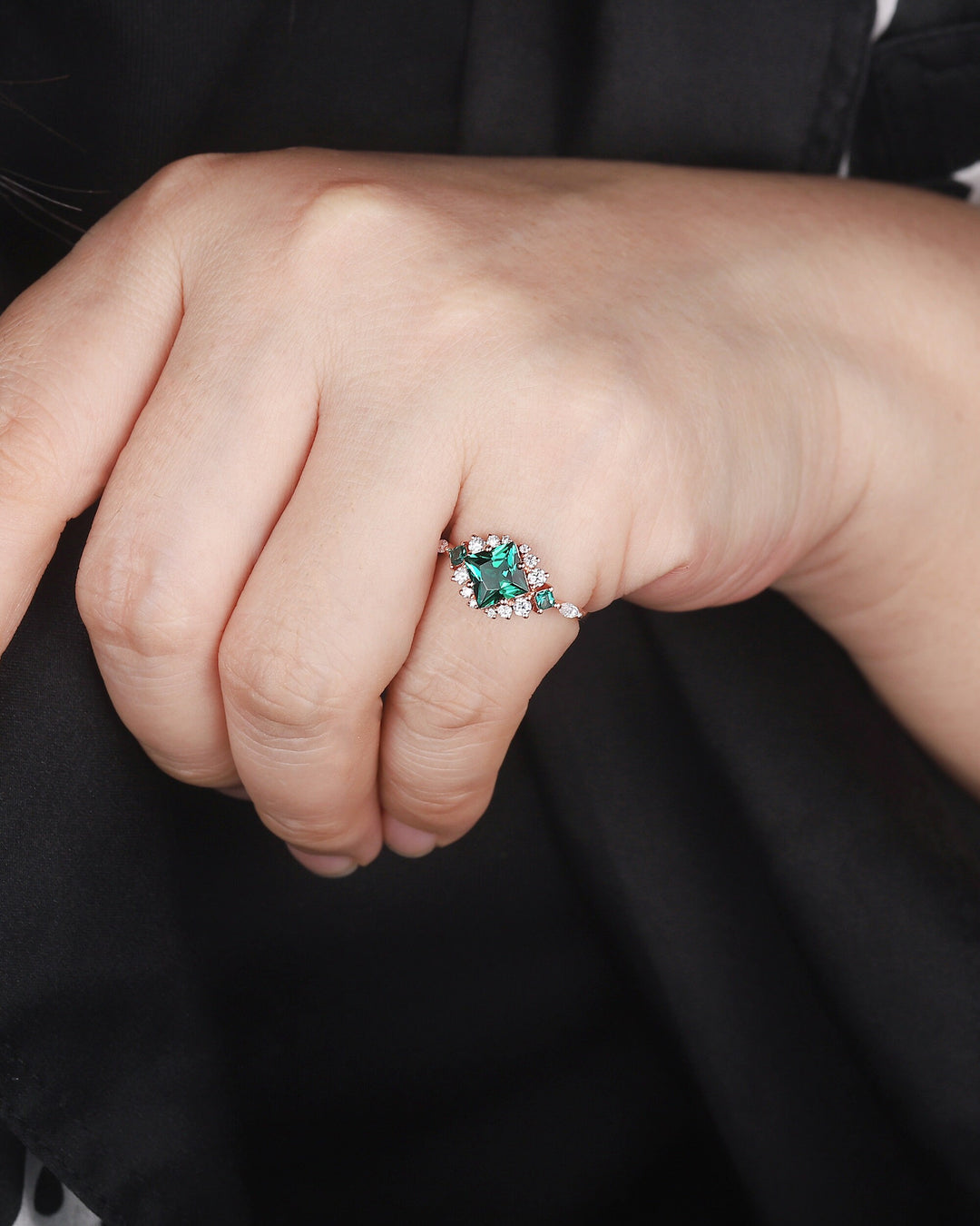 Vintage Princess Cut Emerald Engagement Ring, Emerald and Cluster Moissanite Wedding Ring 14K Rose Gold Anniversary Promise Ring for Her - ShainJewelry