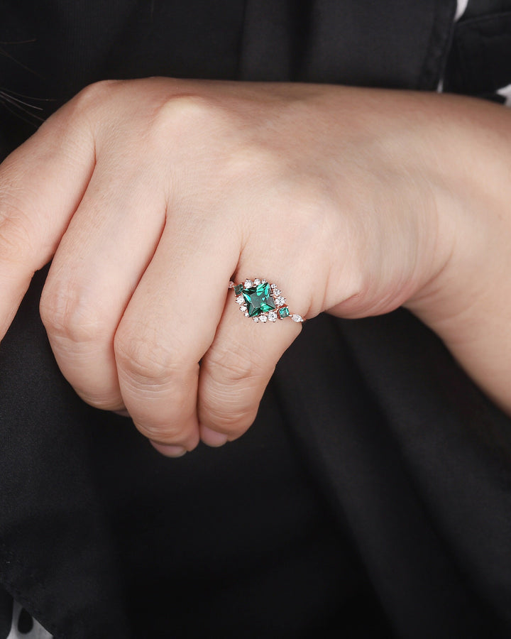 Vintage Princess Cut Emerald Engagement Ring, Emerald and Cluster Moissanite Wedding Ring 14K Rose Gold Anniversary Promise Ring for Her - ShainJewelry