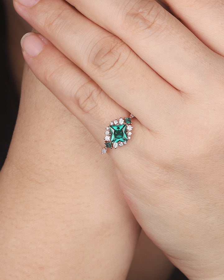 Vintage Princess Cut Emerald Engagement Ring, Emerald and Cluster Moissanite Wedding Ring 14K Rose Gold Anniversary Promise Ring for Her - ShainJewelry