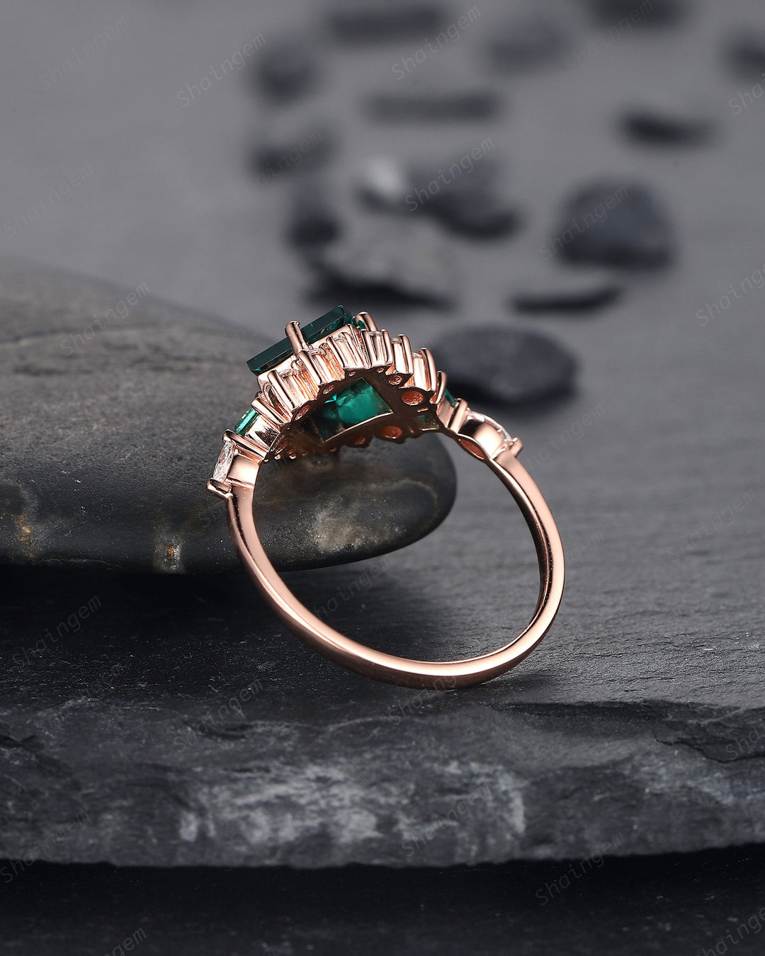 Vintage Princess Cut Emerald Engagement Ring, Emerald and Cluster Moissanite Wedding Ring 14K Rose Gold Anniversary Promise Ring for Her - ShainJewelry