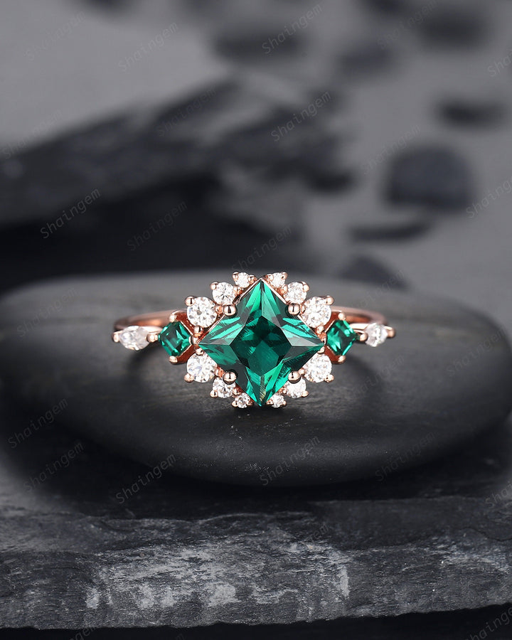 Vintage Princess Cut Emerald Engagement Ring, Emerald and Cluster Moissanite Wedding Ring 14K Rose Gold Anniversary Promise Ring for Her - ShainJewelry