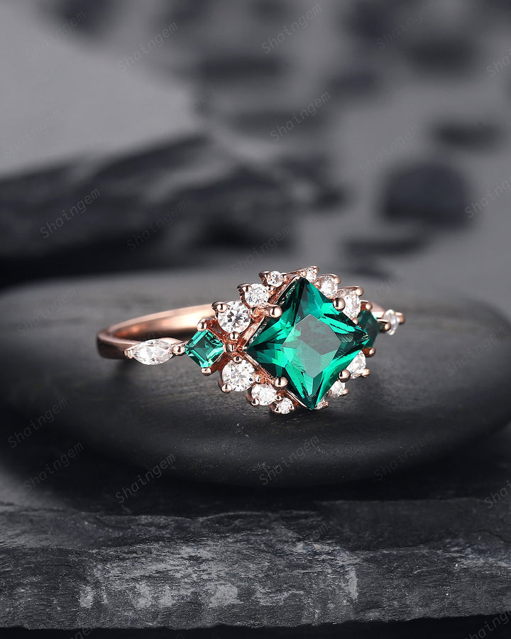 Vintage Princess Cut Emerald Engagement Ring, Emerald and Cluster Moissanite Wedding Ring 14K Rose Gold Anniversary Promise Ring for Her - ShainJewelry